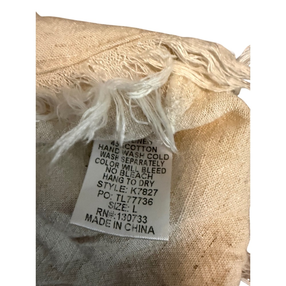 Umgee Linen Blend Henley Blouse Beige Boho Frayed Fringe Hem Smocked Sleeve L - Picture 3 of 7